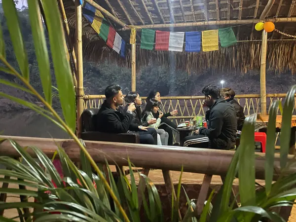 Evening conversations in the bamboo lounge